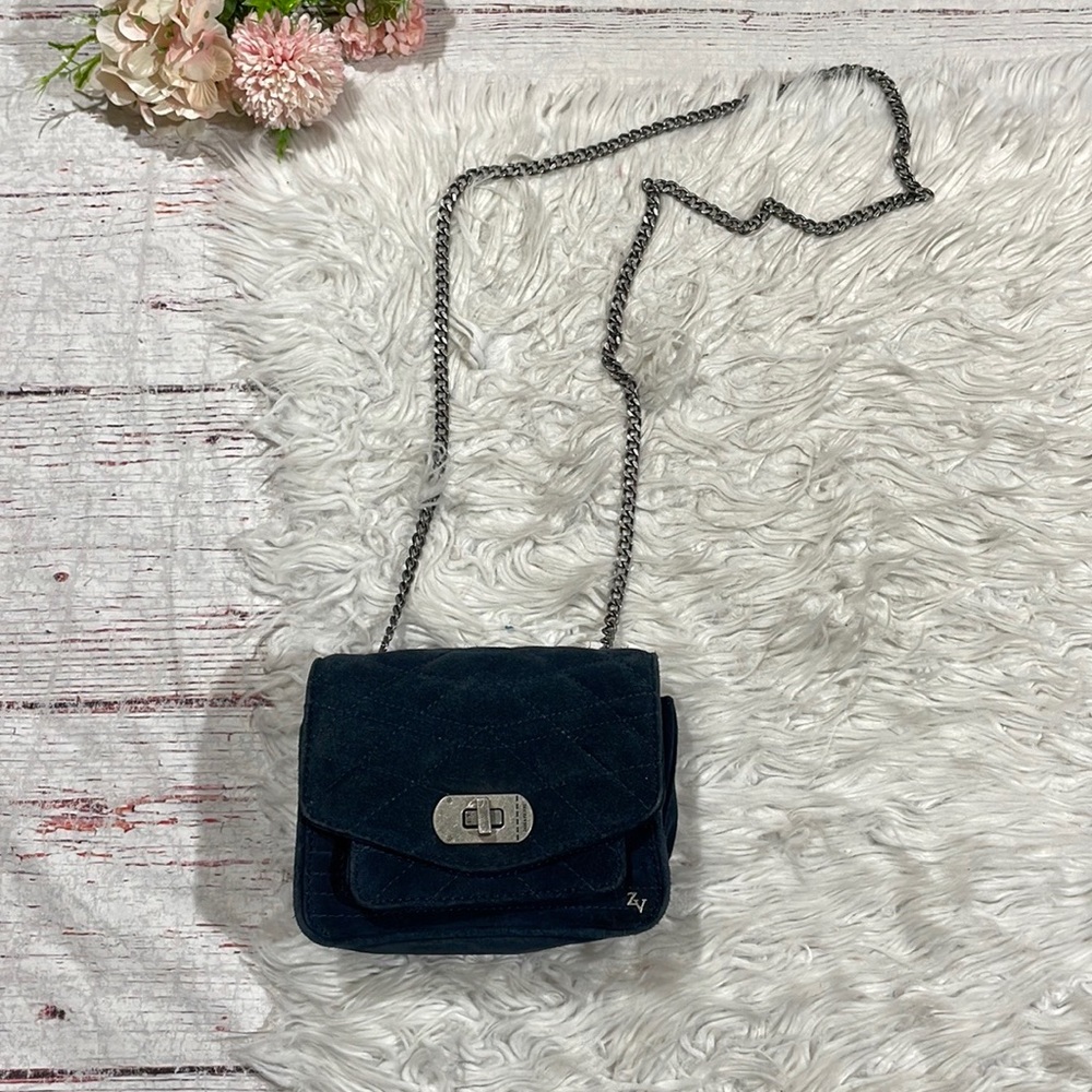 Zadig & Voltaire Navy Quilted Suede Crossbody with Silver Chain
